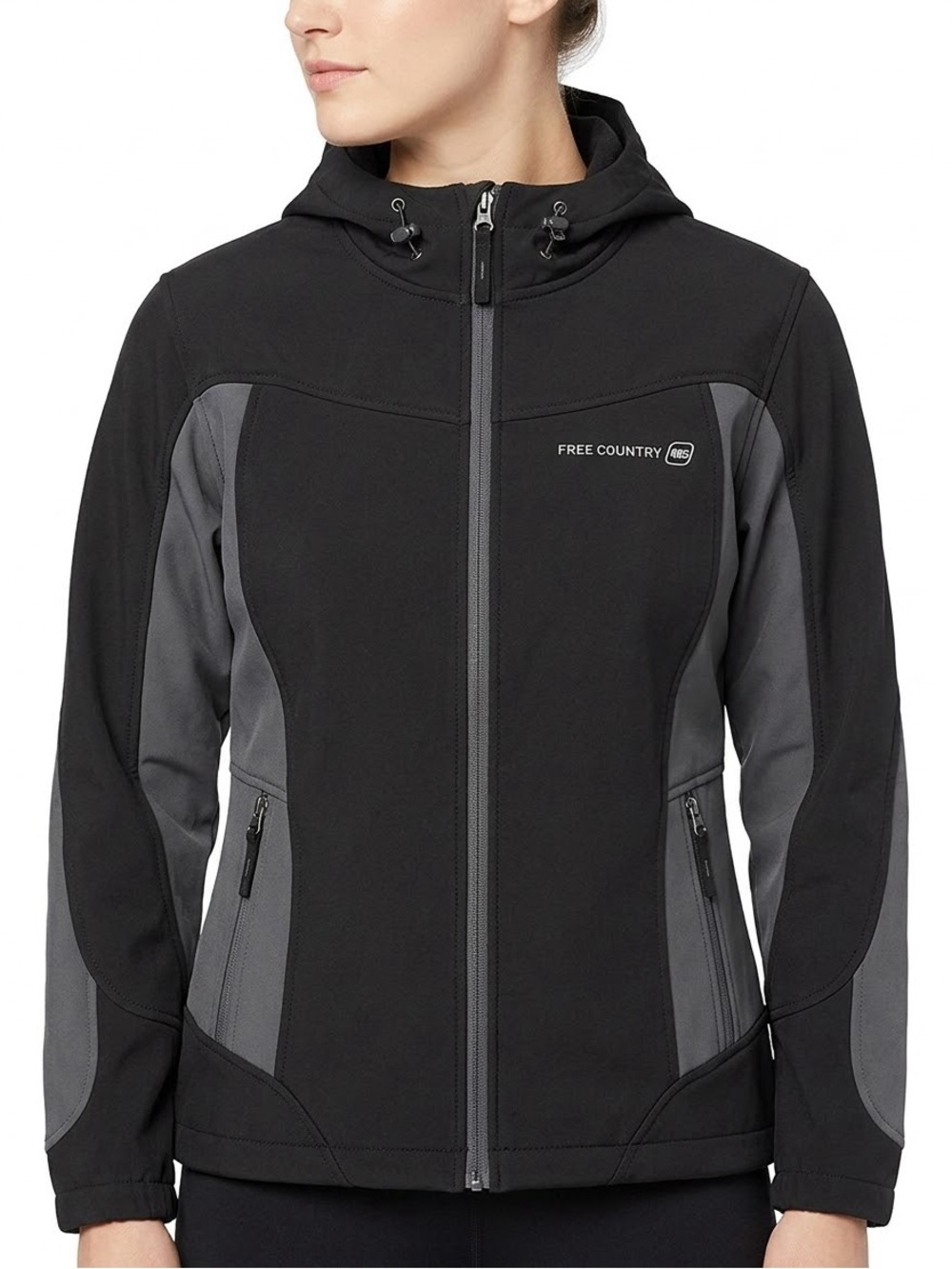 Free Country Live In It Womens Black Gray Hooded Softshell Jacket Full Zip